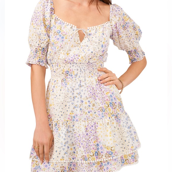 1. State Floral Puff and Smocked Sleeve Smocked Bodice Dress - Picture 3 of 11